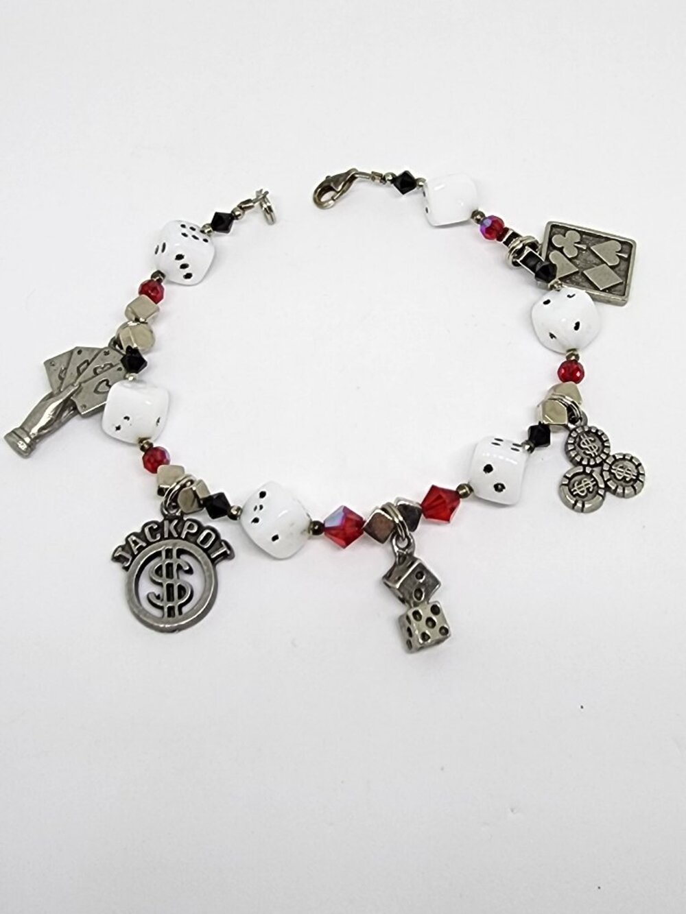 Vintage Gaming Casino Gambling Cards Chips Dice Hand Charms Beaded Bracelet